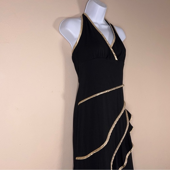 Large Juniors Vintage Y2K La Belle Dress Black Gold Satin Halter Layered Retro - Picture 3 of 13